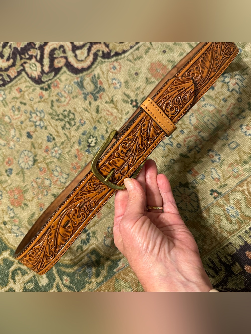 Circle Y hand tooled belt - 34. “Poppy” on back.